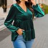 Women Tops V-Neck Lantern Long Sleeve Solid Color Pullover Tops Ruffle Stitching Hem Loose Fit Velvet Shirt