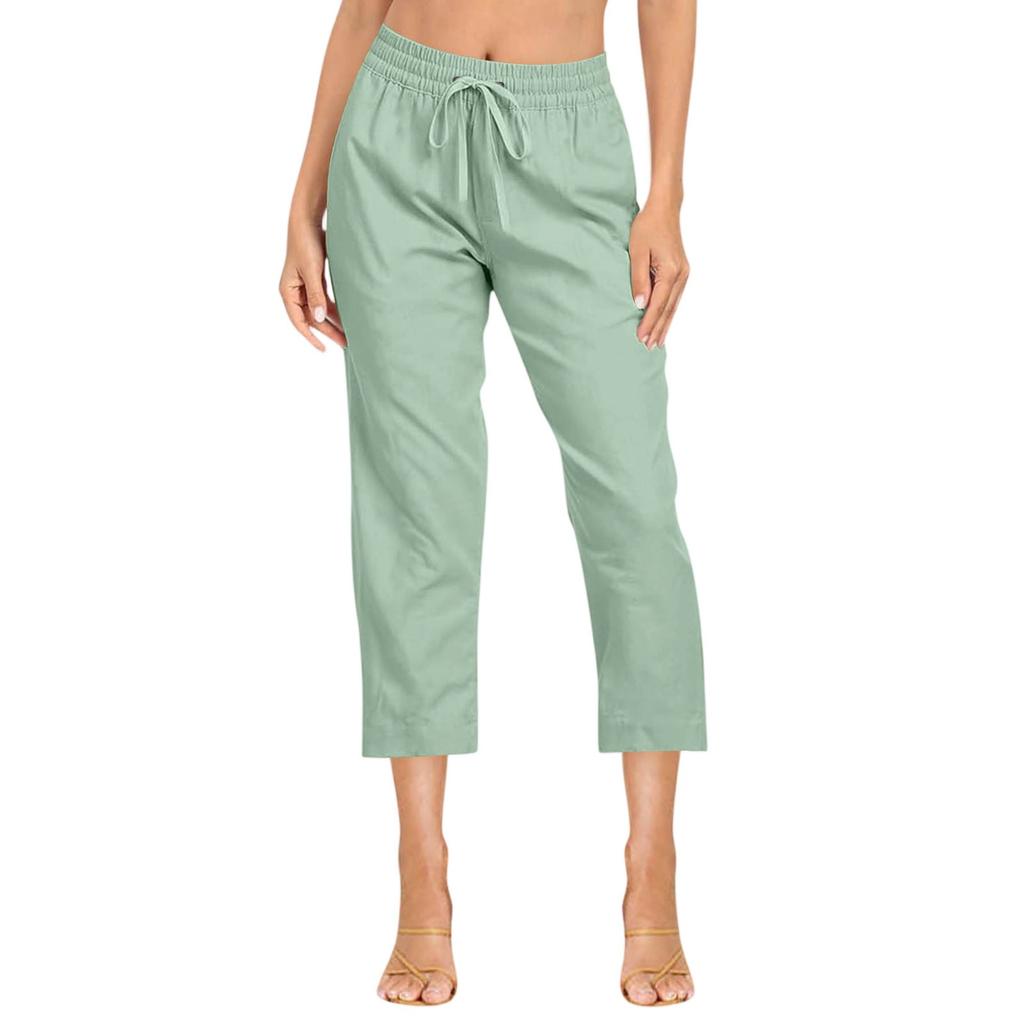 Ensfarget bomulls- og linbukser for kvinner Løs 7-punktsbukse med lommer