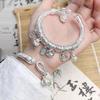 Exclusively designed lucky charm wrap-around bracelet with gourd bell, lucky cat bangle in thick silver-plated copper, perfect for live streaming.