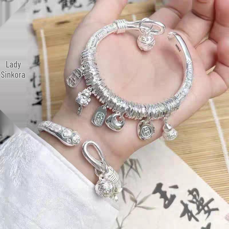 Exclusively designed lucky charm wrap-around bracelet with gourd bell, lucky cat bangle in thick silver-plated copper, perfect for live streaming.