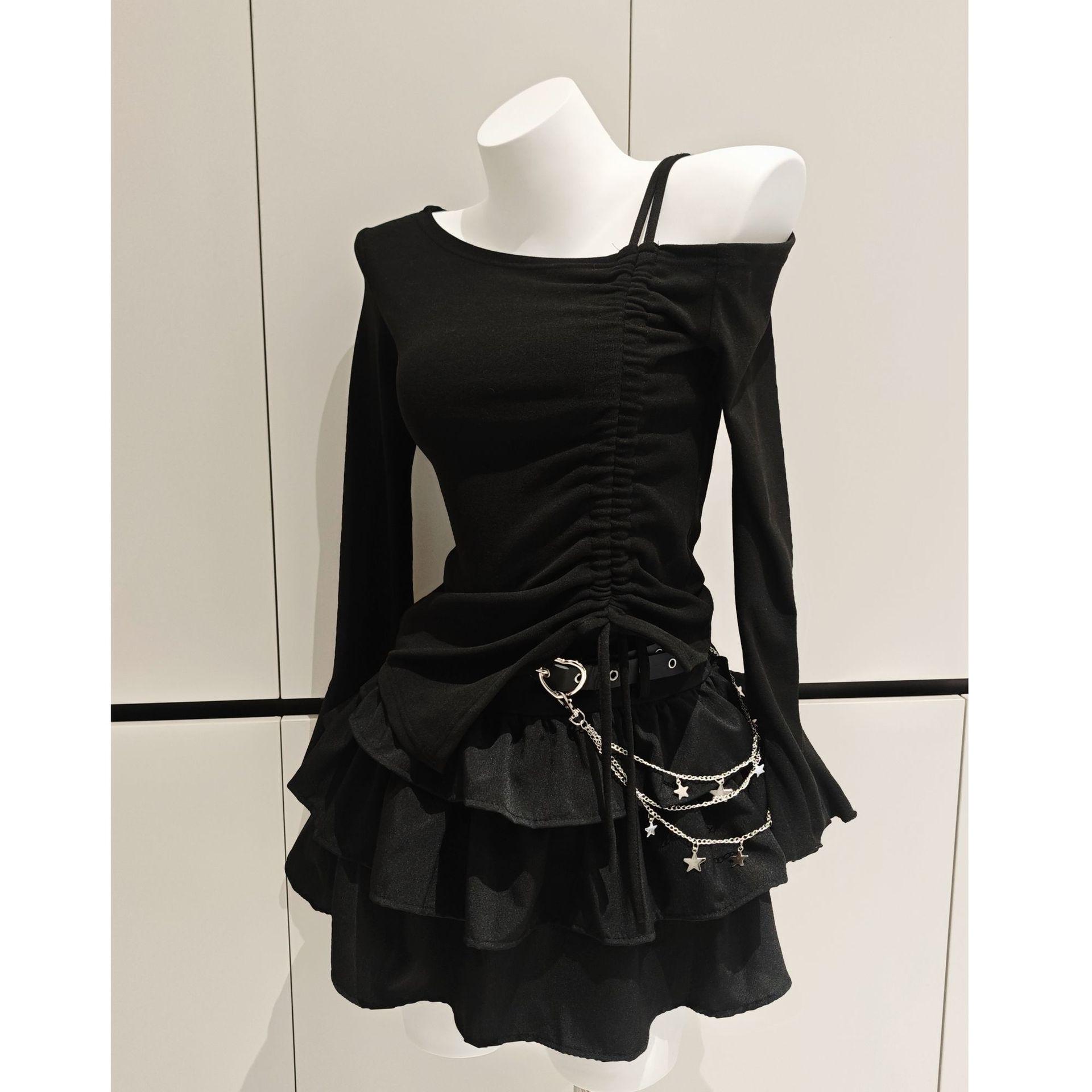 

Black Puffy Skirt & Long Sleeve Top Set with Diagonal Neckline and Drawstring - Spring Slimming Anti-Exposure Design. Medium