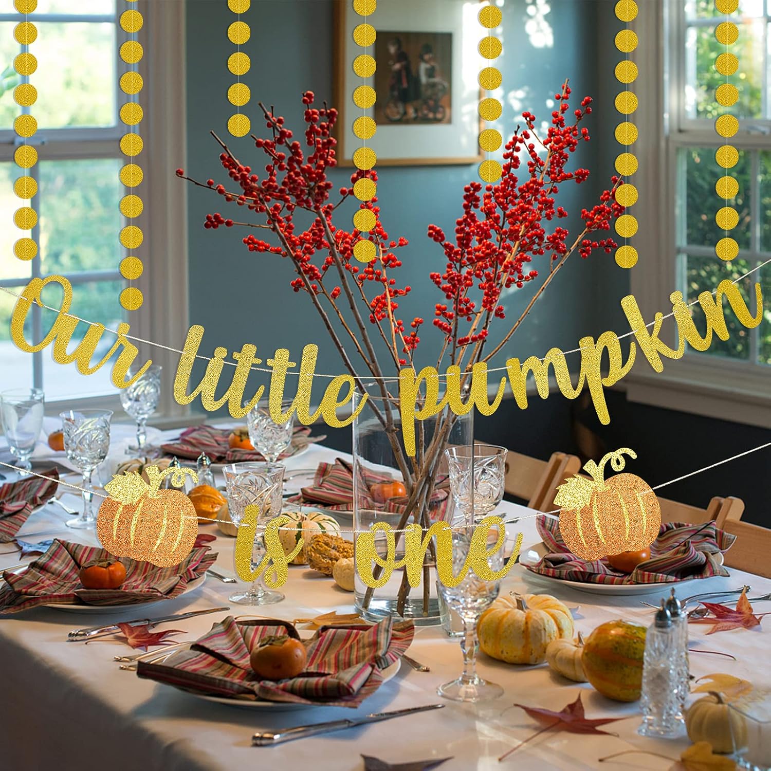 LeeSky Gold Glitter Our Little Pumpkin Is One Banner - Pumpkin 1st Birthday Banner - Fall Decorations