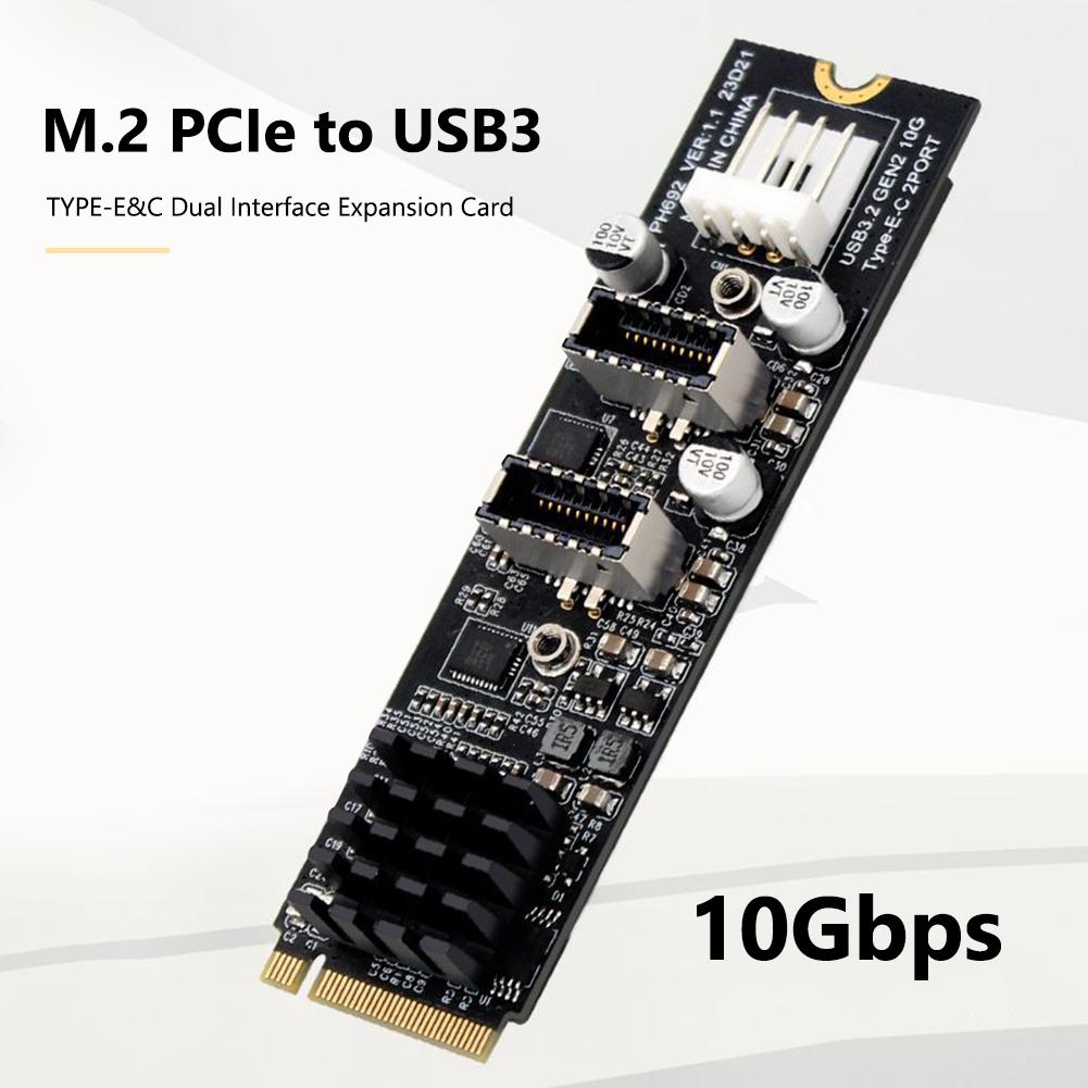 NVME NGFF M-Key To Dual Type-E USB 3.1 Front Panel Expansion Card 10Gb Front Expansion Cards Adapter USB-C Hub Riser for PC