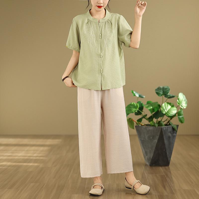 2025 Summer Tencel Cotton Linen Short Sleeve Chinese Embroidery Top & Wide Leg Pants Set
