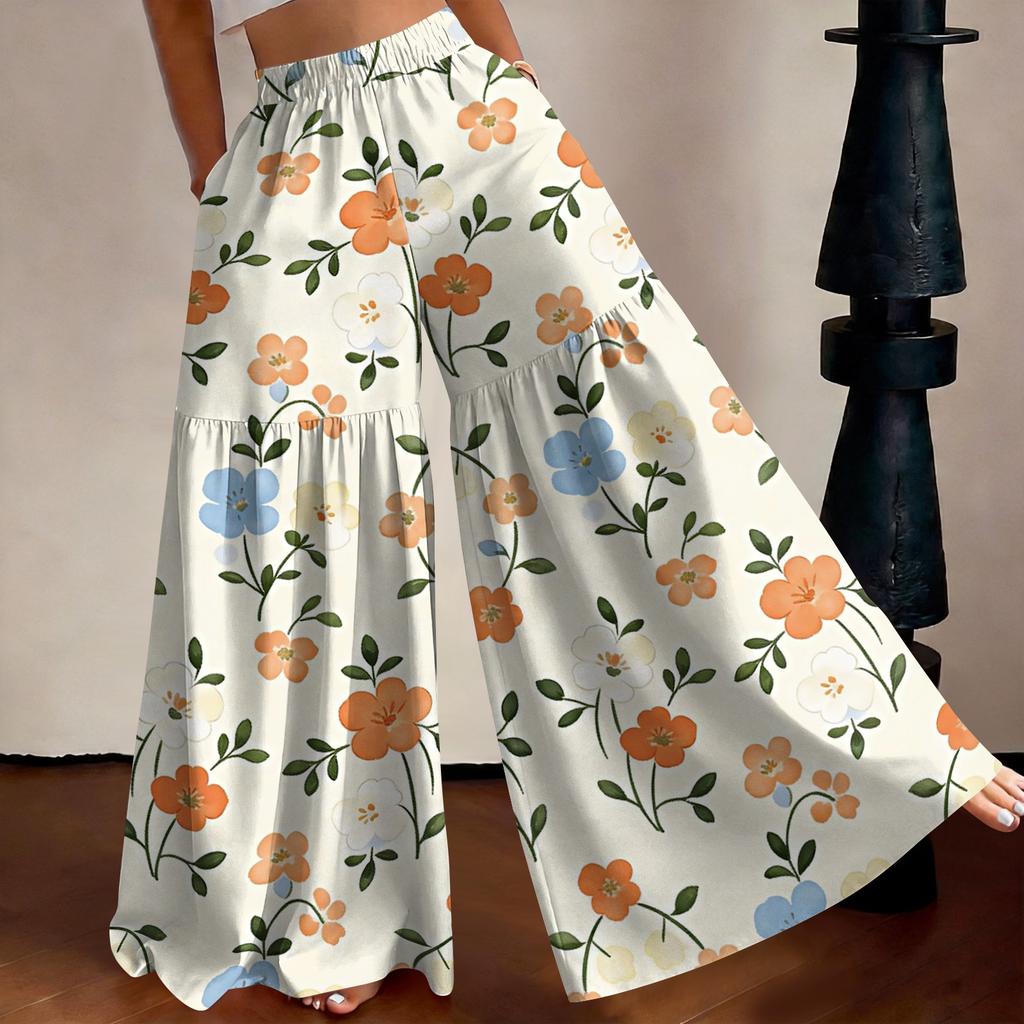 Women's High Waist Wide Leg Pants Loose Fit Lightweight Breathable Floral Print Casual Palazzo Trousers for Summer