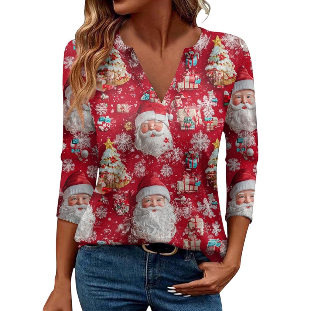 Women's Casual Fashionable Sexy Comfortable V-Neck Christmas Three-Quarter Sleeve Top