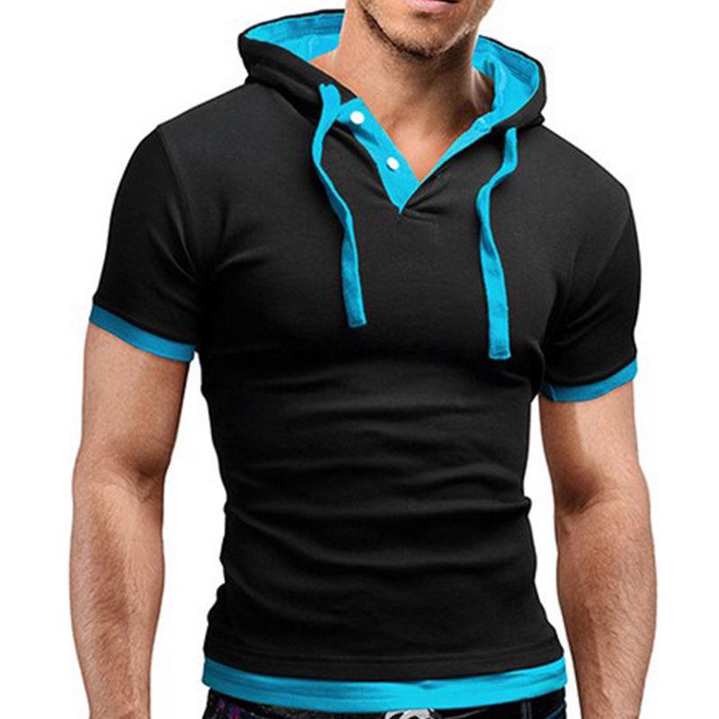 Letní pánská móda Slim Fit Topy s krátkým rukávem Jednobarevné Svalnaté tričko s kapucí