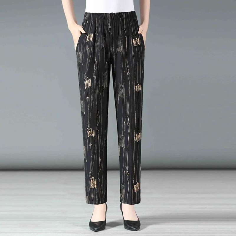 WTEMPO Retro Elegant Printed Elastic High Waist Thin Mother's Loose Cropped Pants Women's Spring Summer Ice Silk Wide Leg Pants
