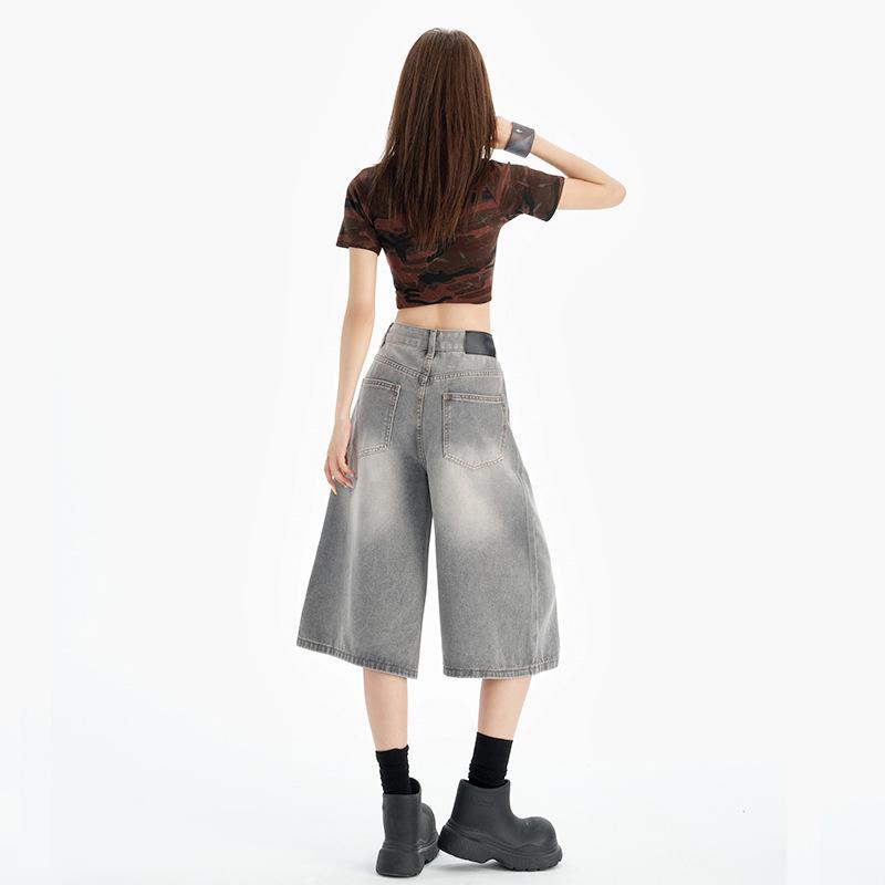 Women's 2025 Retro Wide-Leg Denim Jeans: Trendy, Versatile, Mid-Length Summer Pants