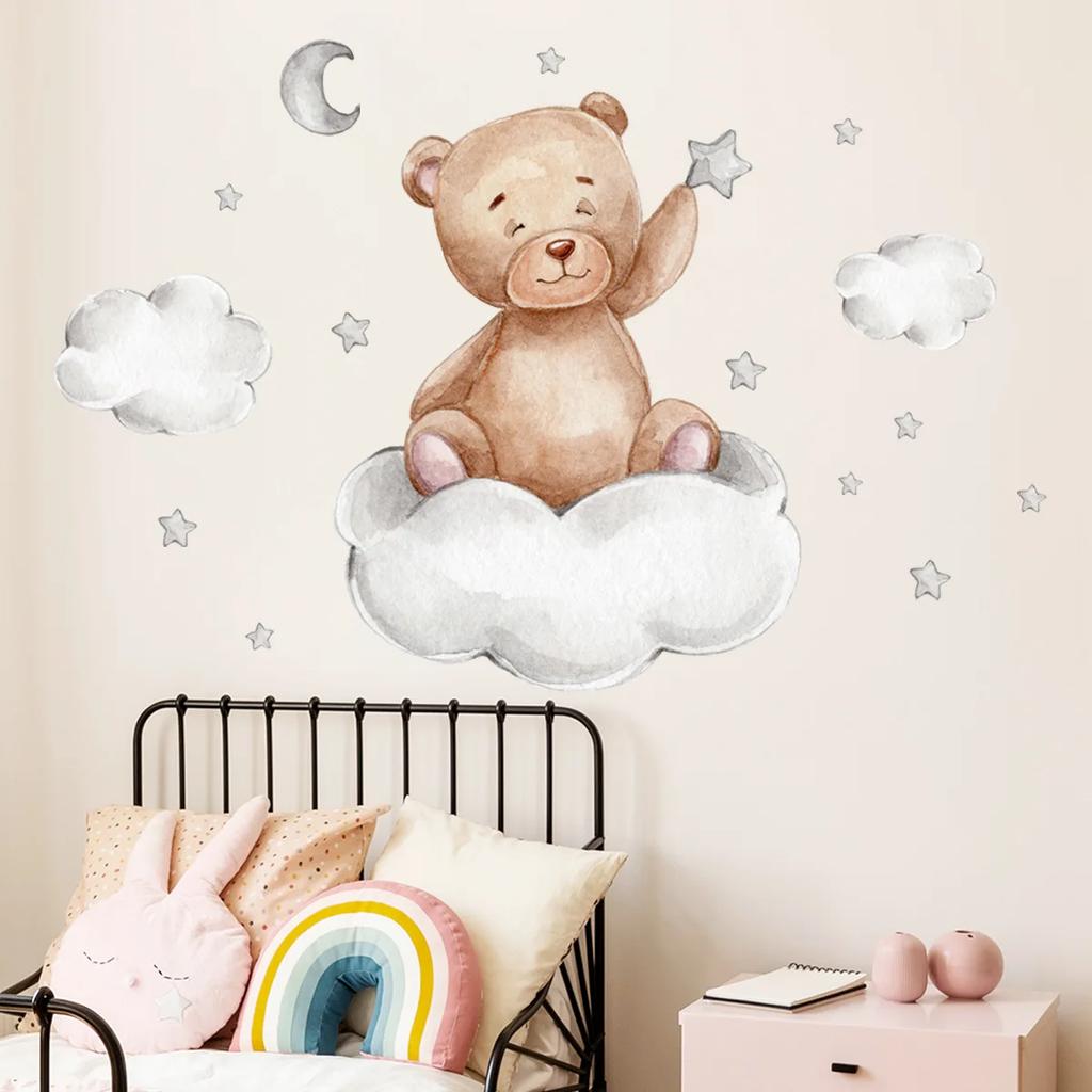 Funy Cute Bear Wall Stickers Cartoon Animals Flying Stars Cloud for Nursery Home Decor Art Kids Room Decal PVC Removable Posters