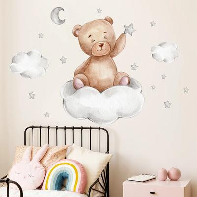 Funy Cute Bear Wall Stickers Cartoon Animals Flying Stars Cloud for Nursery Home Decor Art Kids Room Decal PVC Removable Posters