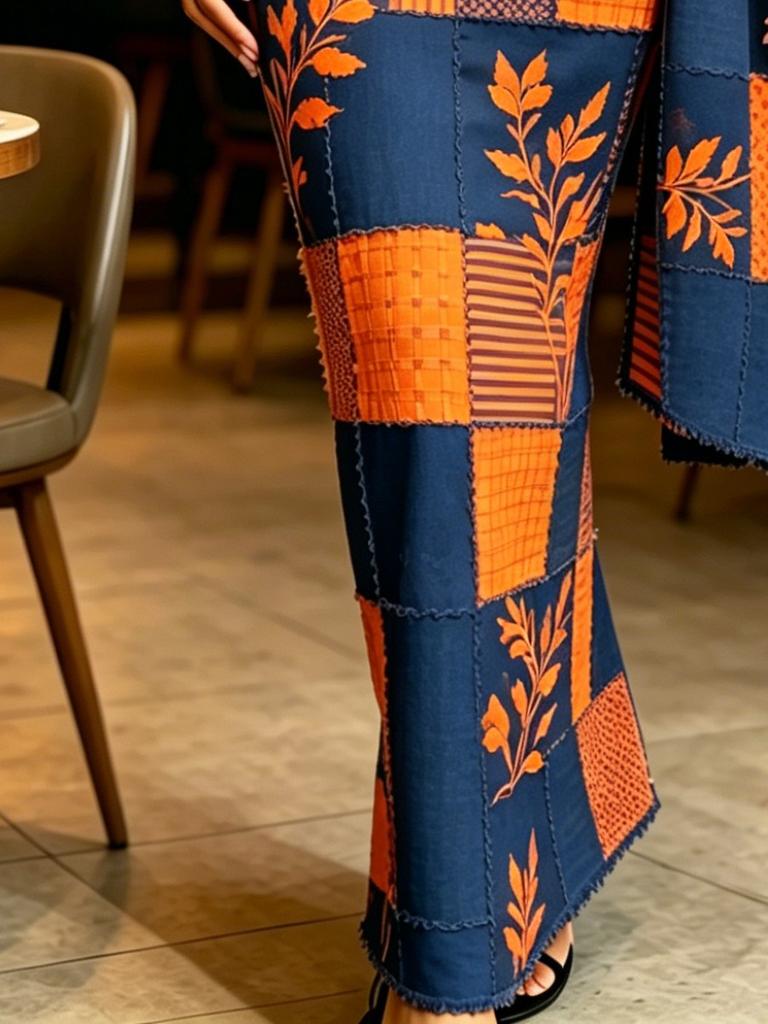 Women's Blue Orange Patchwork Print V Neck Wrap Maxi Dress Ruched Waist Kimono Sleeve Vintage Dress