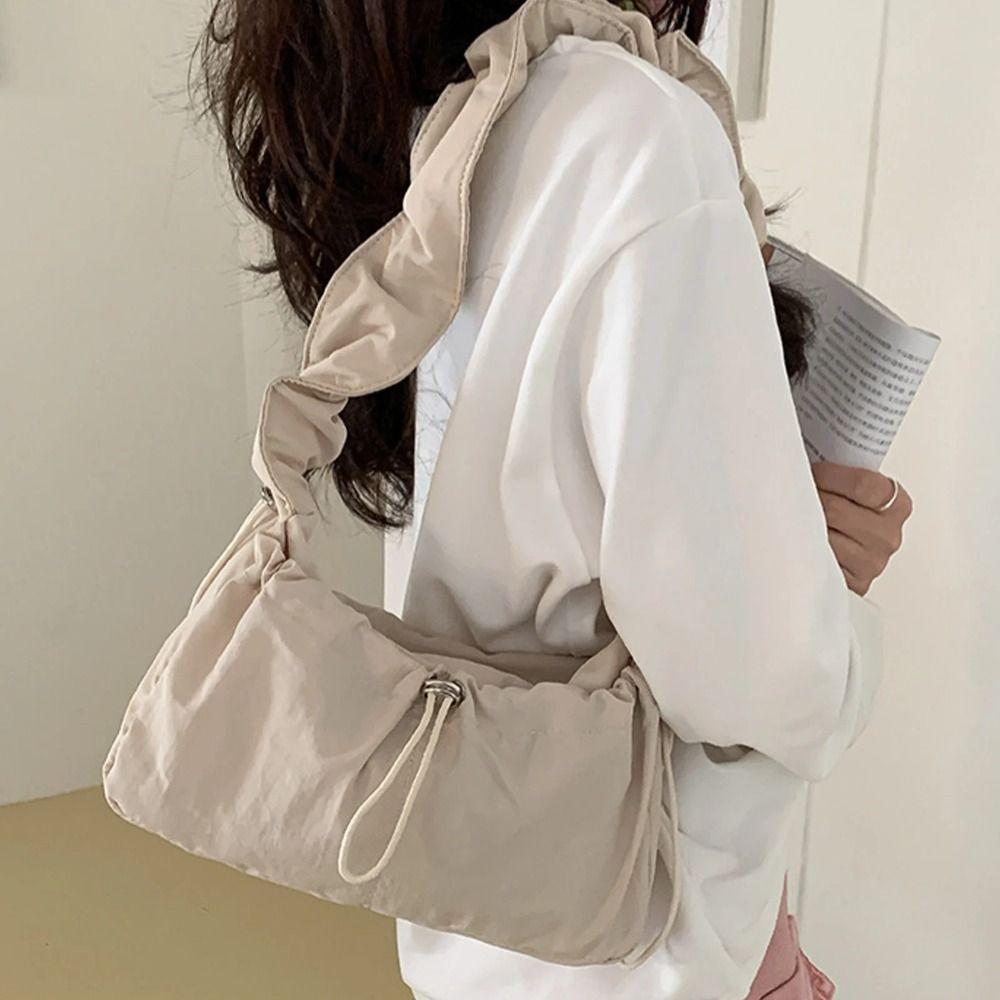 Drawstring Pleated Shoulder Bag Solid Color Nylon Underarm Bag Fashion Cloud Crossbody Bag  School