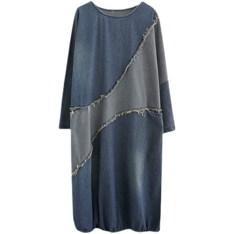 Women's Contrast Patchwork Denim Dress - Plus Size, Frayed, Loose, Mid-Length Skirt for Spring/Autumn