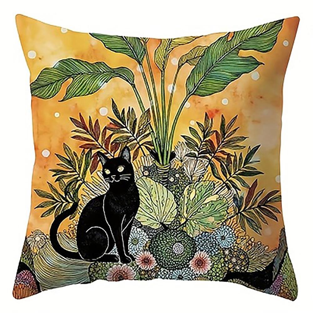 1/4pcs Black Cat & Floral Leaf Print Pillowcases Sofa cushion cover home bedroom room decoration