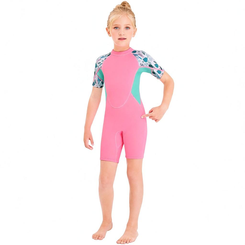 Girls Short Wetsuit One Piece Shorty Diving Swimsuit with Zipper Quick Dry Short Sleeves Surf Suit for Water Sports