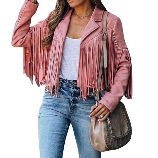 

Женская повседневная куртка с кисточками, длинный рукав, лацкан, бахрома, укороченное пальто, искусственный мех M розовый