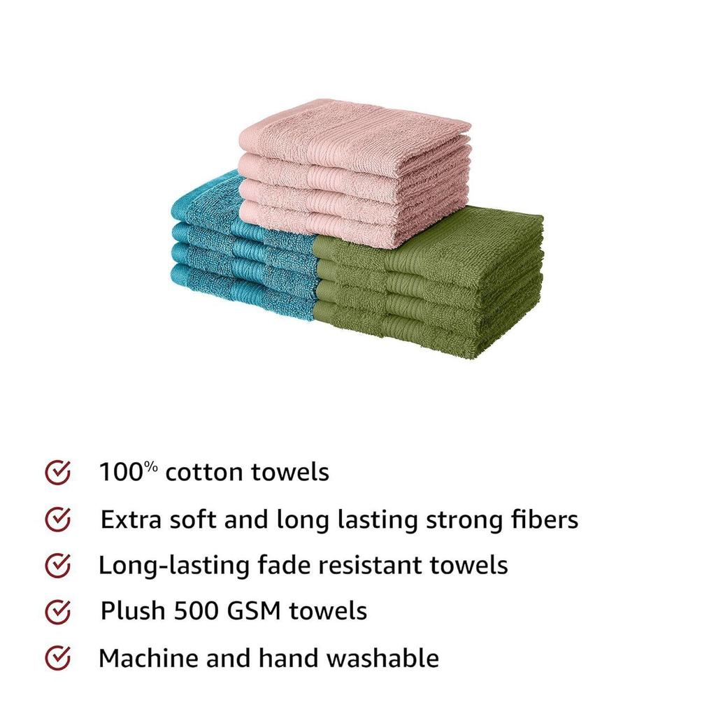100% Cotton 12 Piece Towel Set, 500 GSM (Turquoise Blue, Olive Green and Baby Pink)