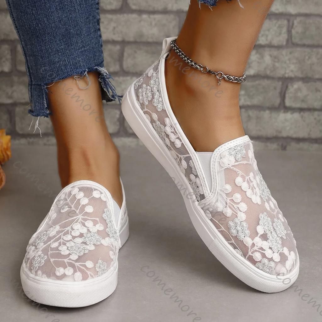 Comemore Summer New Mesh Embroidered Flat Shoes for Women Soft Sole Breathable Casual Loafers Woman Zapatos De Mujer