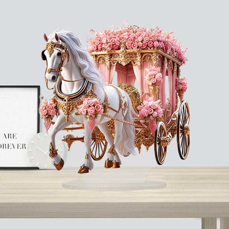 2D Romantisches Weißes Pferd & Blumenkutsche Farbdruck Acryl Tischaufsteller Familienweihnachtsfeier Multifunktionale Heimdekoration