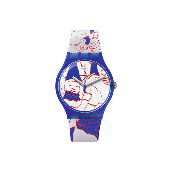 Swatch Quartz Movement Peace Hotel Art Center Special Edition 30 Meters Water Resistant Watch 41 Mm White Dial Plastic Case Silicone Strap SUOZ217 Blue White