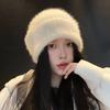 White wool hat showing face little rabbit fur female winter warm plush pile cold hat big head circumference knitted hat