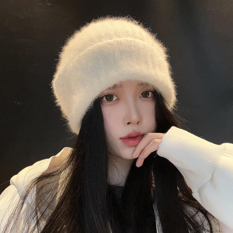 White wool hat showing face little rabbit fur female winter warm plush pile cold hat big head circumference knitted hat