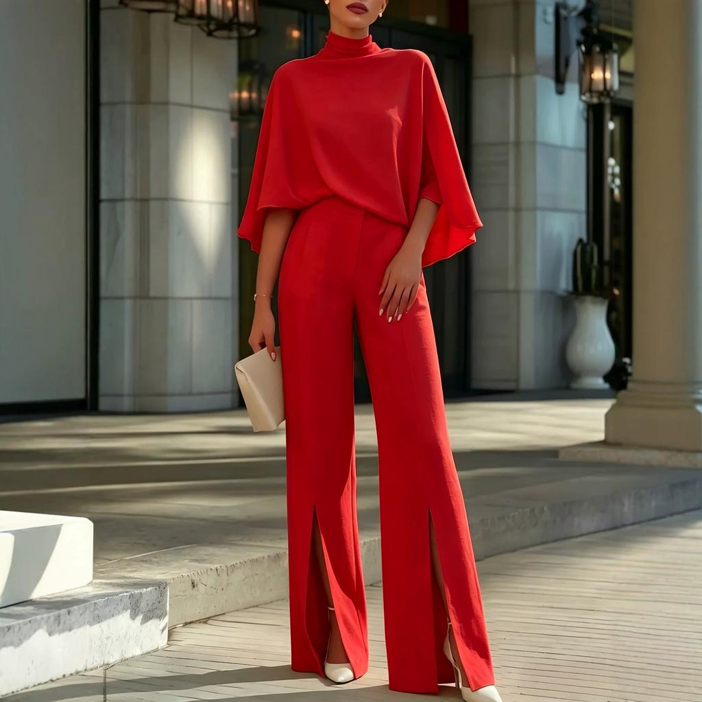 Conjunto de Dos Piezas para Mujer: Top de Cuello Alto con Mangas tipo Capa y Pantalones de Pierna Ancha de Color Sólido, Atuendo Elegante