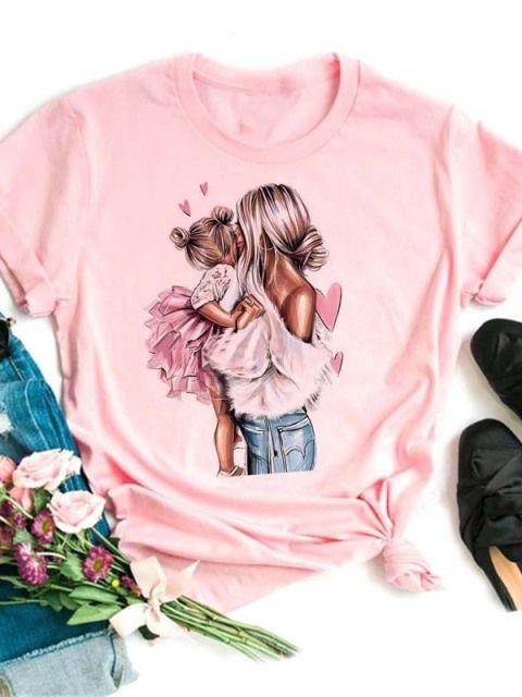 Women T Shirt Cartoon Mom Daughter Son Print Lady Tshirts Short Sleeve Tops Womens Kawaii Graphic Female Tshirt Clothe