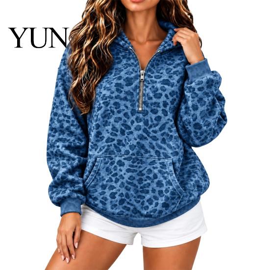 Comfortable Women Sweatshirt Leopard Print Hoodie, Oversized Half Zip Hooded with Hoodie Kangaroo Pocket, Fall Long Sleeve Casual Pullover Top
