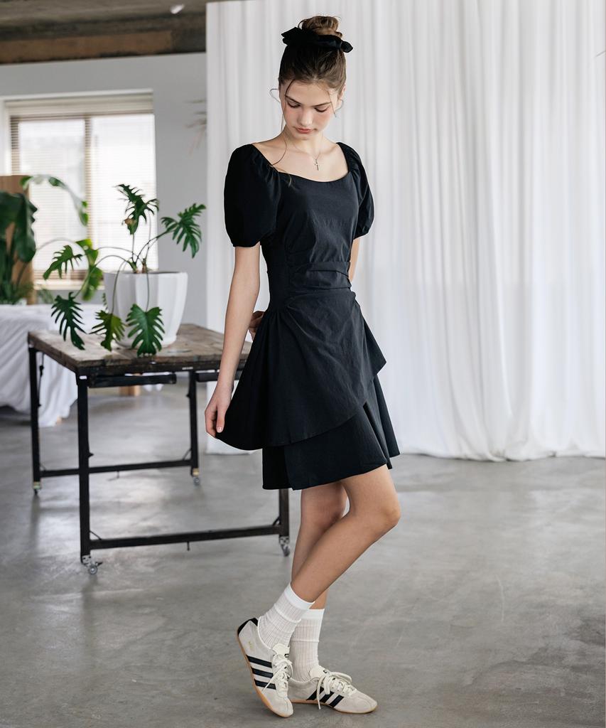HYFVE Shirred Sleeve Puff Asymmetrical Mini Dress