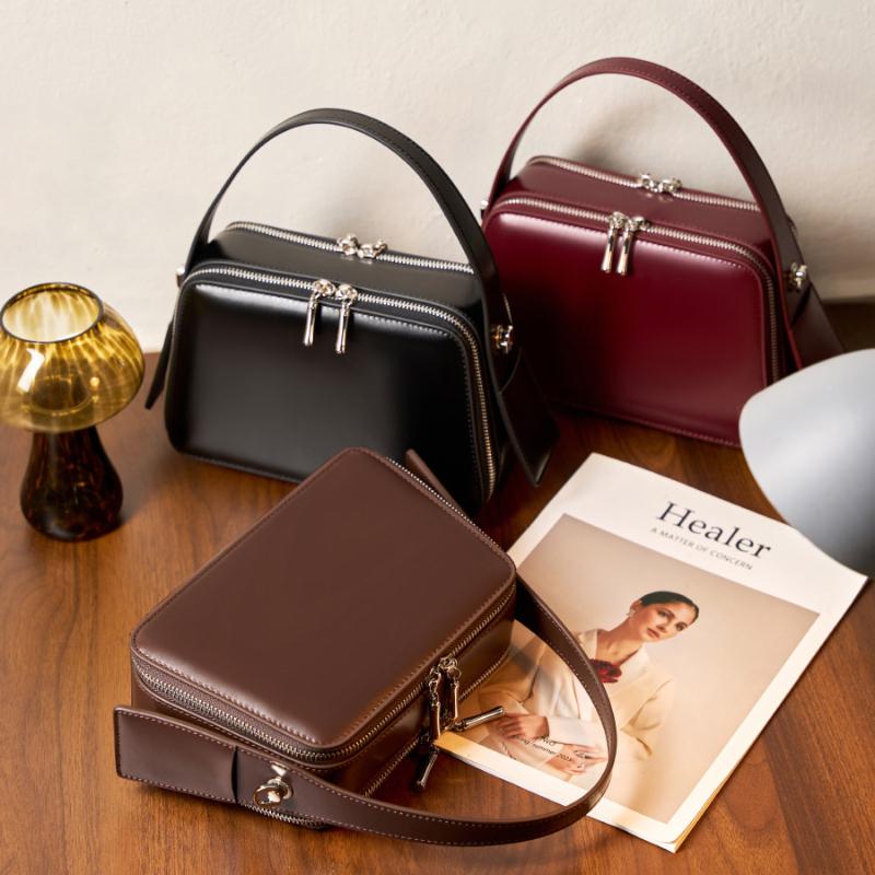 HIFASHION Smooth Cowhide Leather Top Handle Bags Women Casual Work Daily Small Shoulder Crossbody Purses Square Ladies Handbags