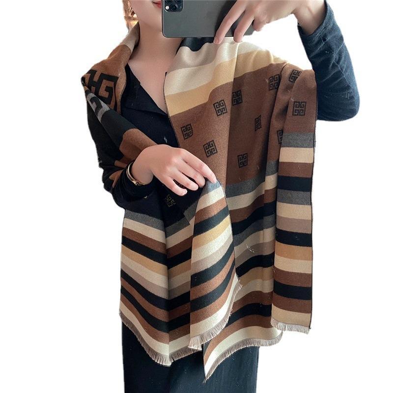 Autumn and winter colored striped imitation cashmere scarf women's student couple versatile thickened warm double-sided scarf
