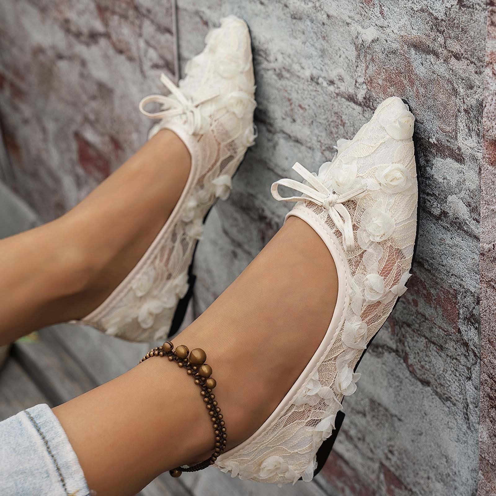 Pointed bow decoration sweet lace comfortable flat sole single shoe 36 бежевый