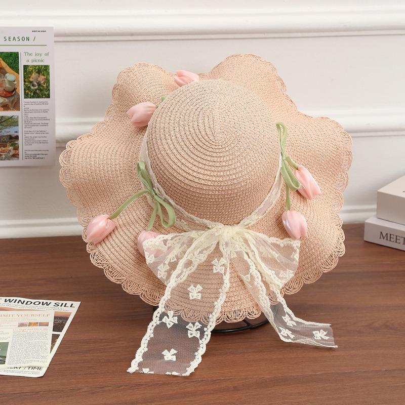 Summer Bow Sun Hat Female, Seaside Beach Vacation Sun Hat Outdoor Big Brim Sun Hat Sweet Straw Hat