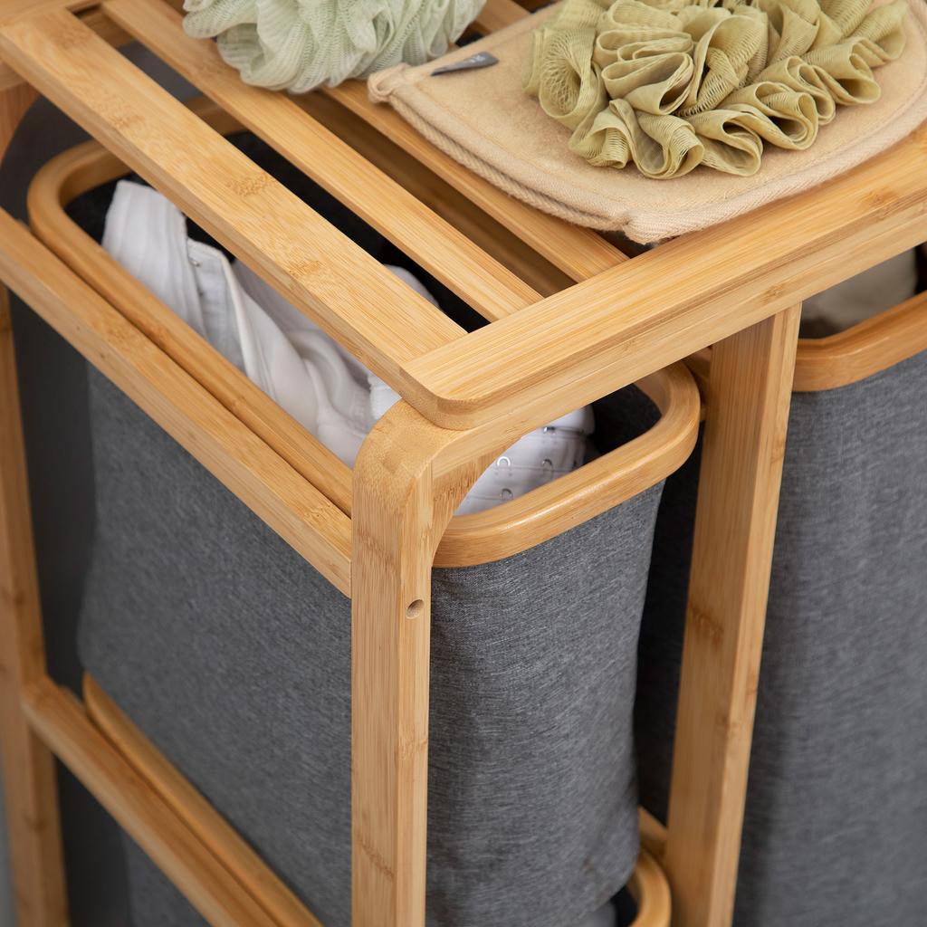 Laundry Basket Made of Bamboo, 3 Removable Baskets 50 cm x 32 cm x 69.7 cm Natural Gray