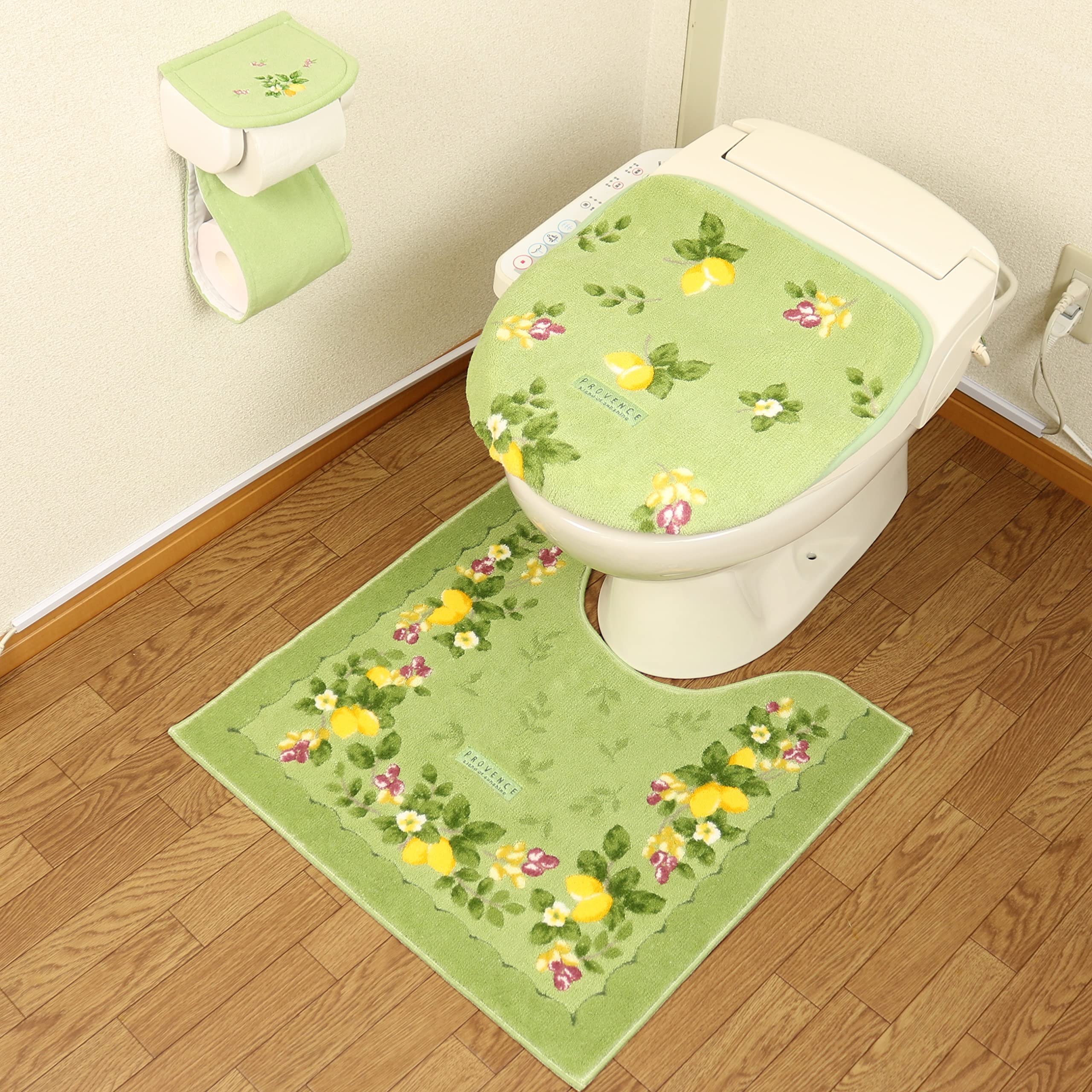 

3-Piece Toilet Mat Set (Green, Made in Japan) - Includes Toilet Mat, Multi-Purpose Lid Cover, and Paper Holder Cover (Oka Provence Green) - Antibacter