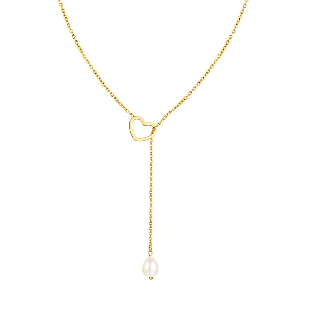 Stylish Personality Stainless Steel Heart Natural Baroque Freshwater Pearl Y-Shaped Gold Necklace Ladies 1974