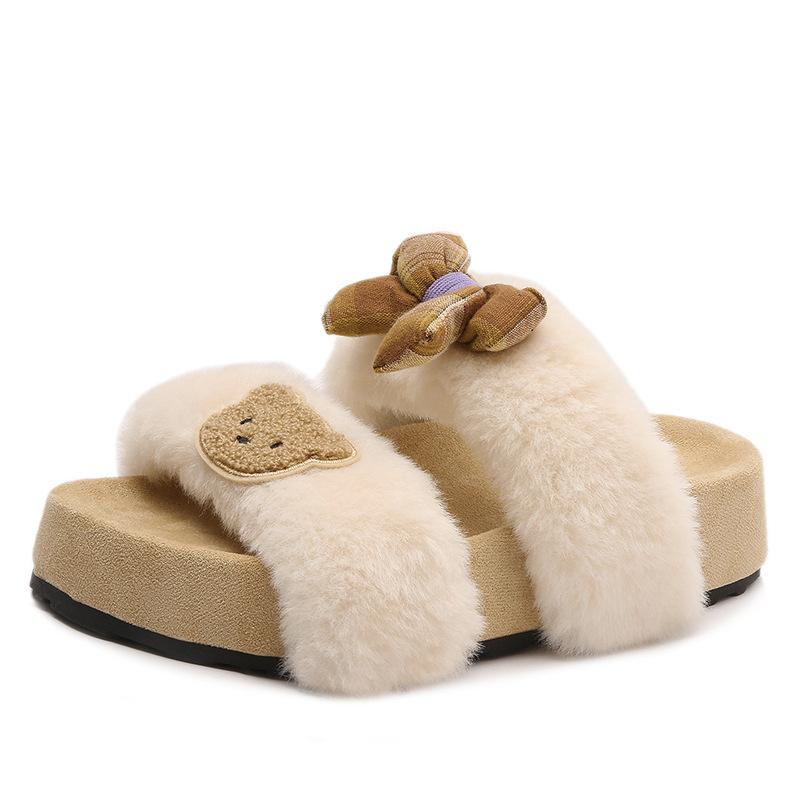 French fairy style sub-bow fluffy shoes female 2025 autumn and winter new outer wear advanced sense warm cotton drag female