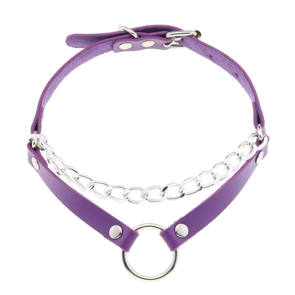 Double Line O-ring Chain Choker, Minimal Punk PU Leather Circular Ring Necklace