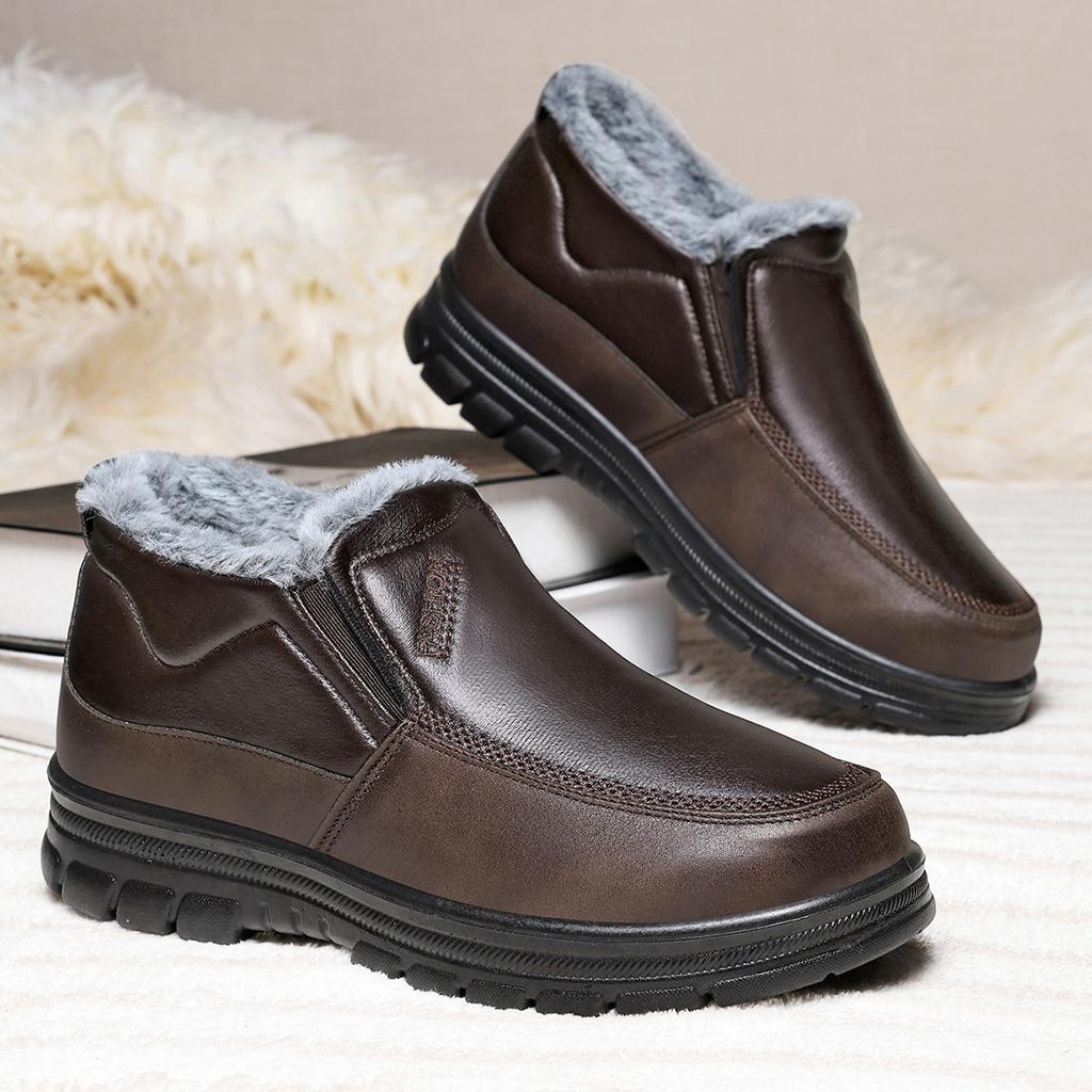 Botas de neve de couro de inverno masculinas antiderrapantes quentes médias casuais tamanho grande sola leve confortáveis botas masculinas