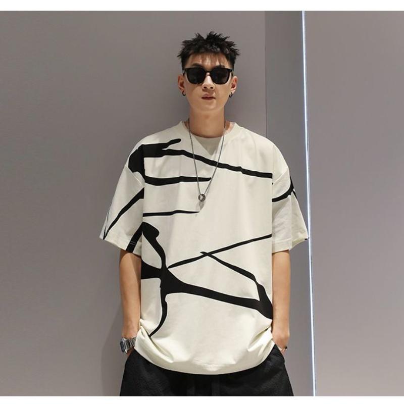 Fashion Youth Pattern Line National Trend Summer Versatile Men's Casual Short-sleeved T-shirt