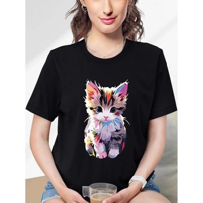 Cat Print Crew Neck T-shirt, Short Sleeve Casual Top For Summer & Spring, Women's Clothing Women T Shirt