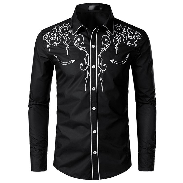 Mens Western Cowboy Embroidered Shirt Slim Fit Casual Long Sleeve Button Down Party Shirts S-2XL