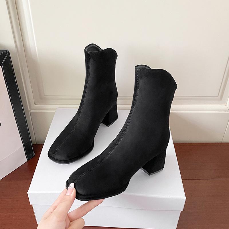 Short boots women's autumn and winter new thick heel thin boots square head small bare boots high heel nude elastic boots children