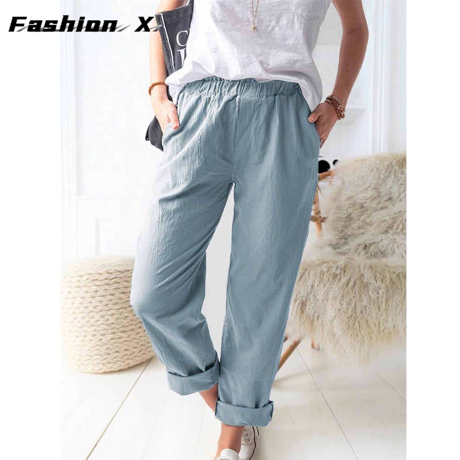 

Женские брюки, свободные широкие брюки, повседневные эластичные хлопковые льняные брюки 2XL синий