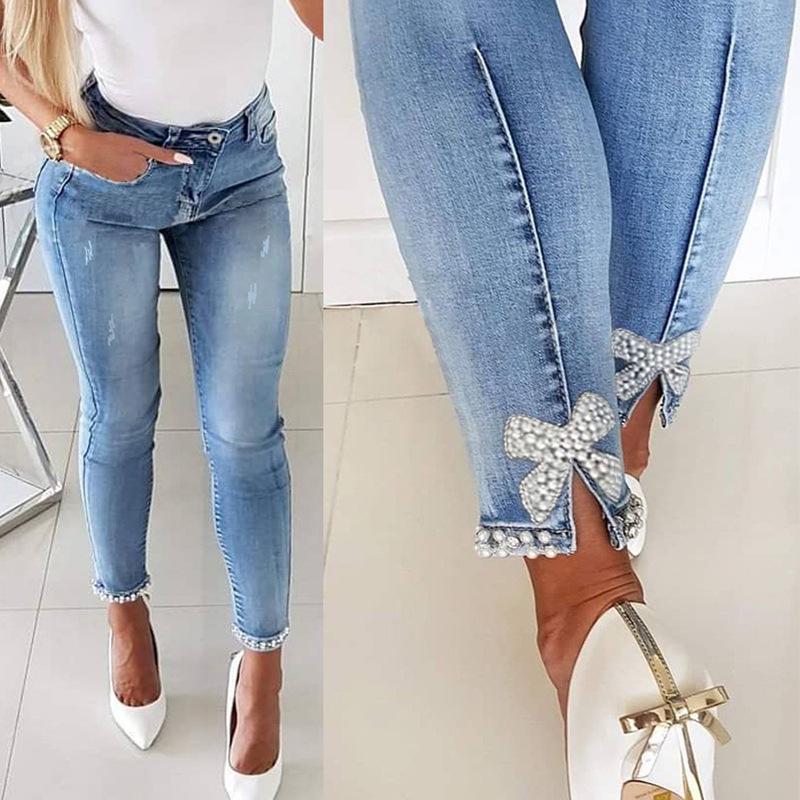 European & American Slim Beaded Butterfly Floral Women's Pencil Jeans