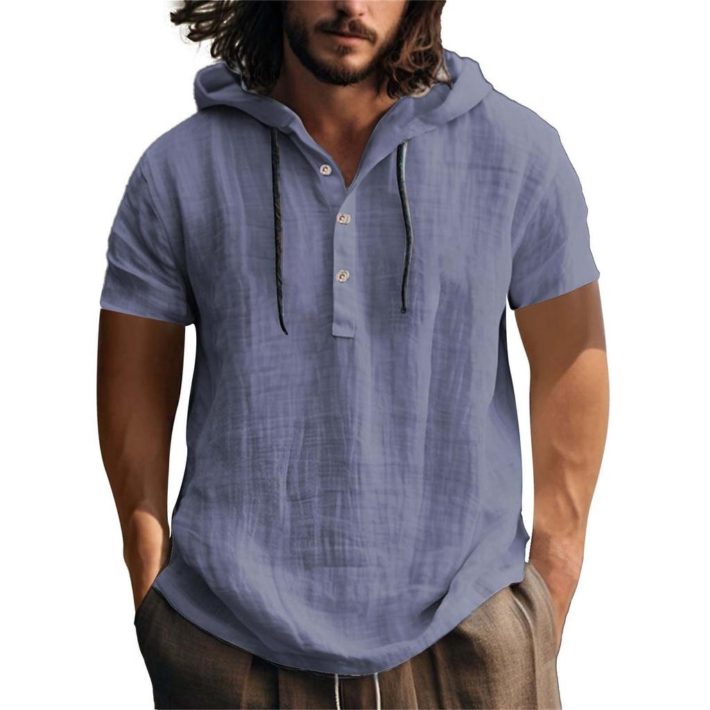 Linen Shirt Hooded Sweater Short-sleeved Hooded Spring and Summer Casual Men's Beach T-shirt
