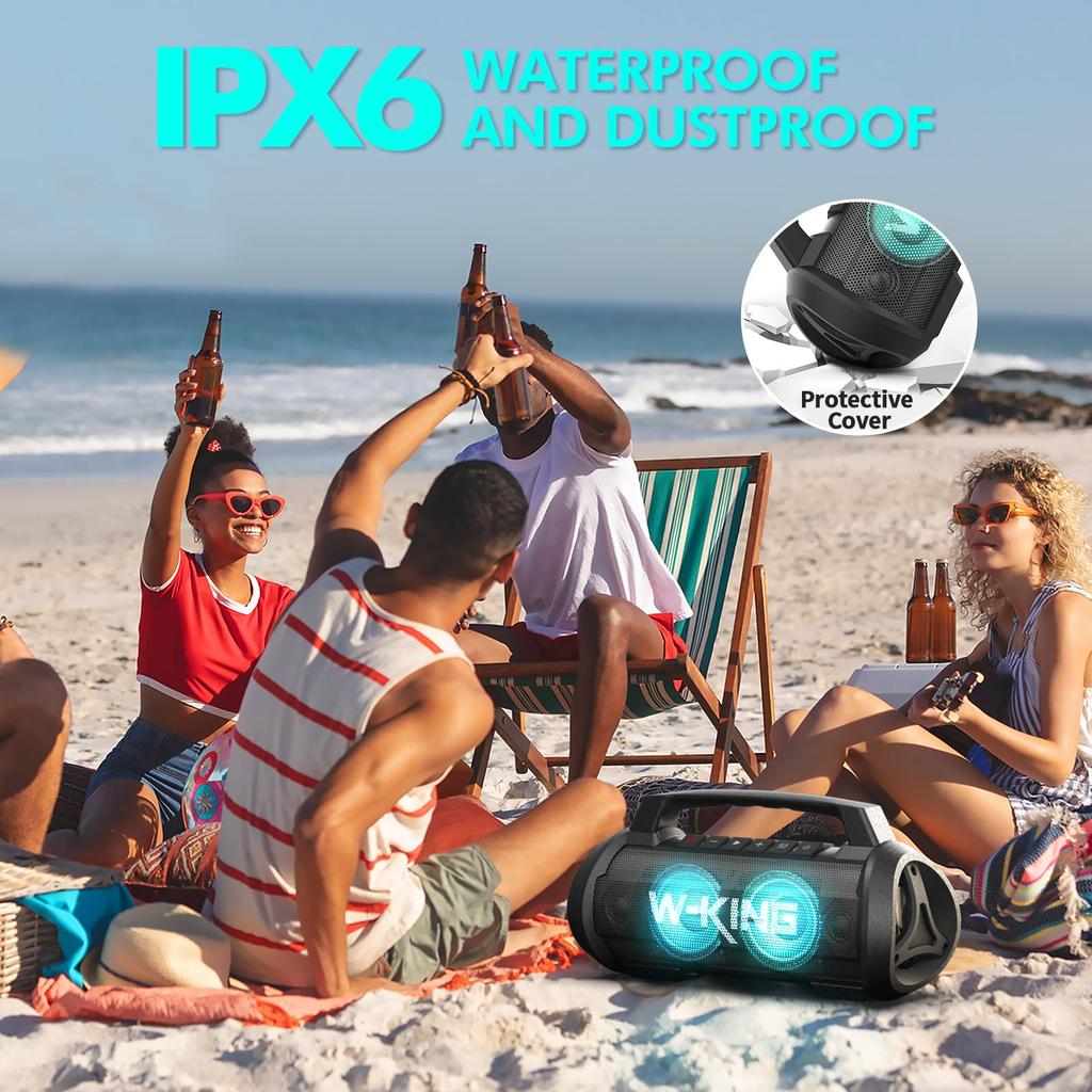70W Bluetooth Speaker, IPX6 Waterproof and Dustproof, Loud Volume, W-KING Portable Stereo Speaker [Party Lights, Microphone Port, 42 Hours of