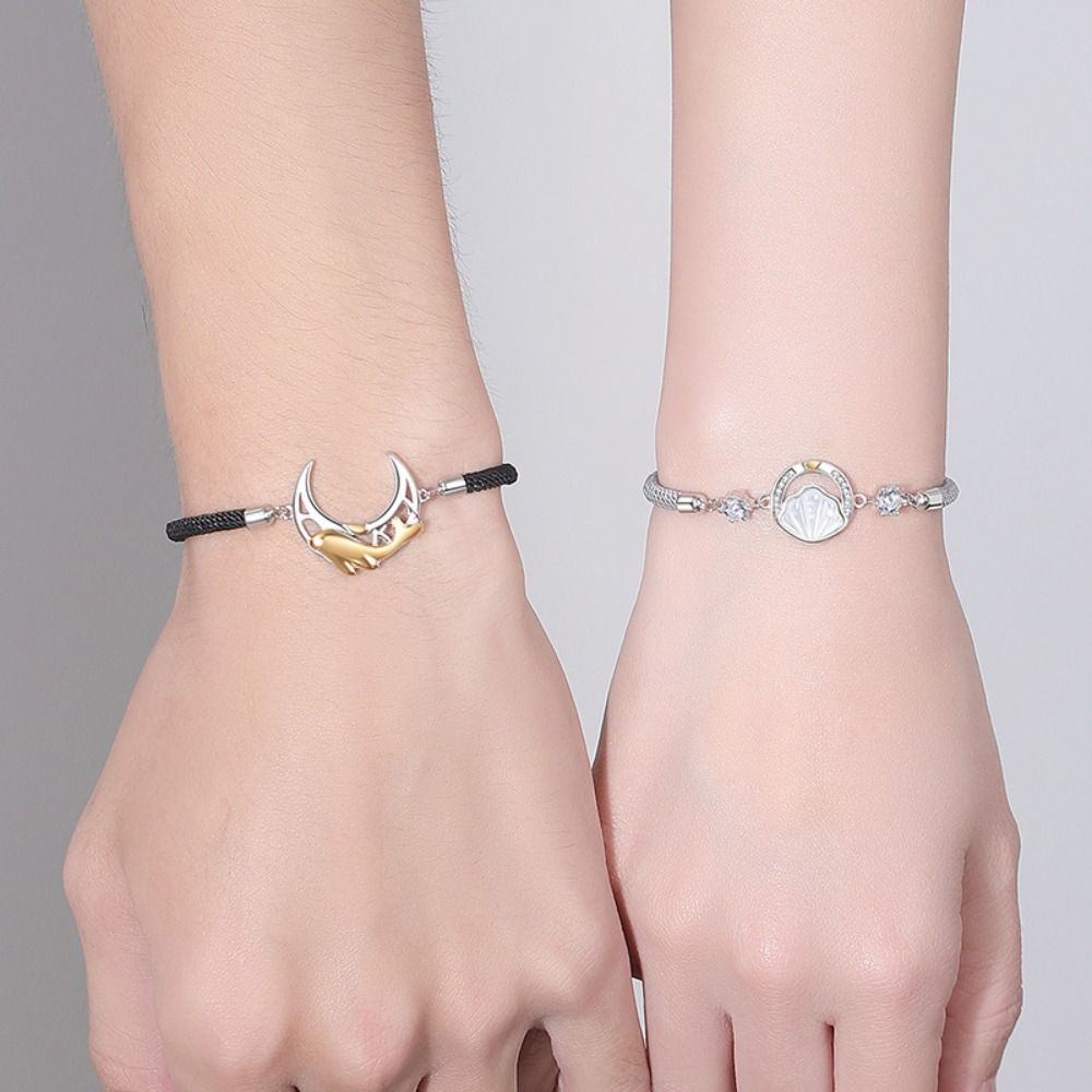 2PCS Whale Lovers Bracelet Crystal Rope Weave Bracelet Exquisite Couple Moon Bracelet  Friendship